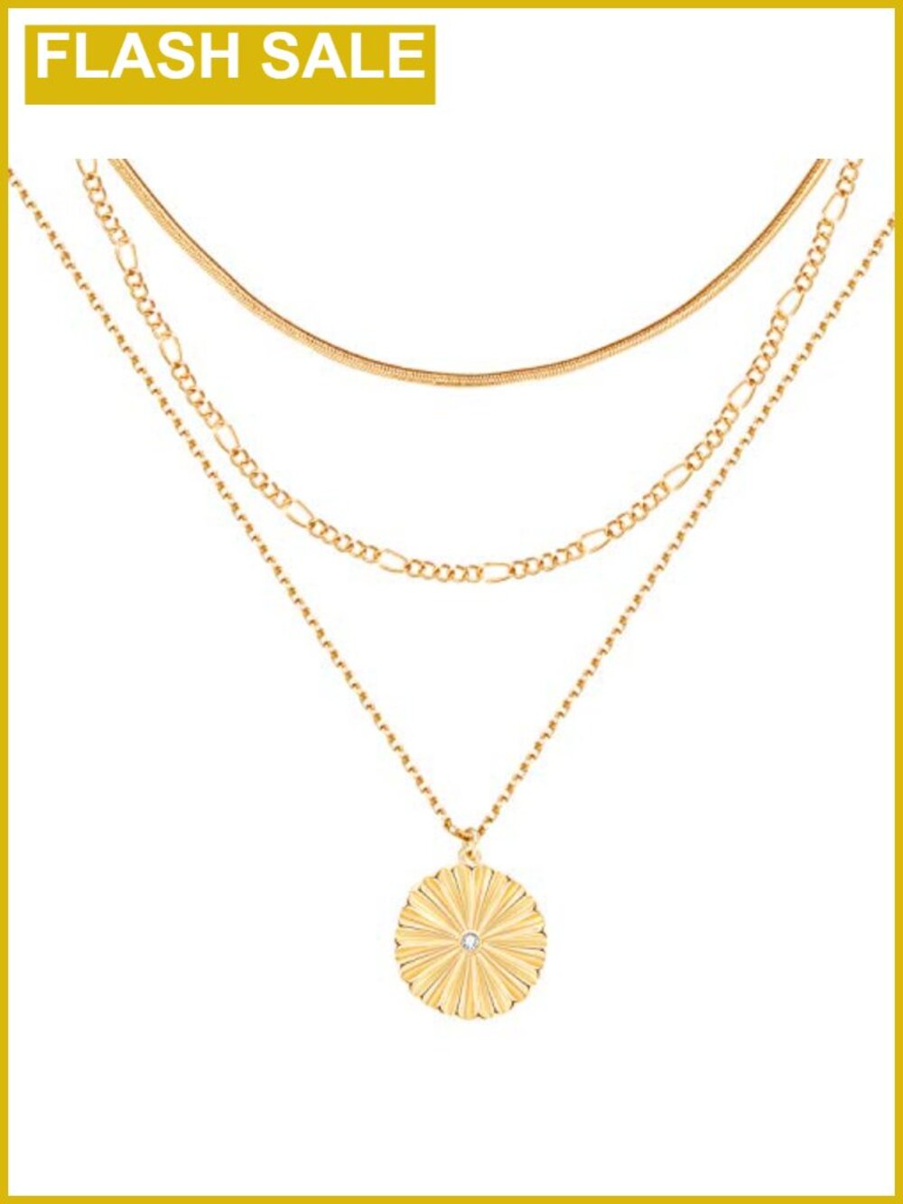 Gold Plated Layered Necklace Herringbone Choker Figaro Chain Sunburst Pendant